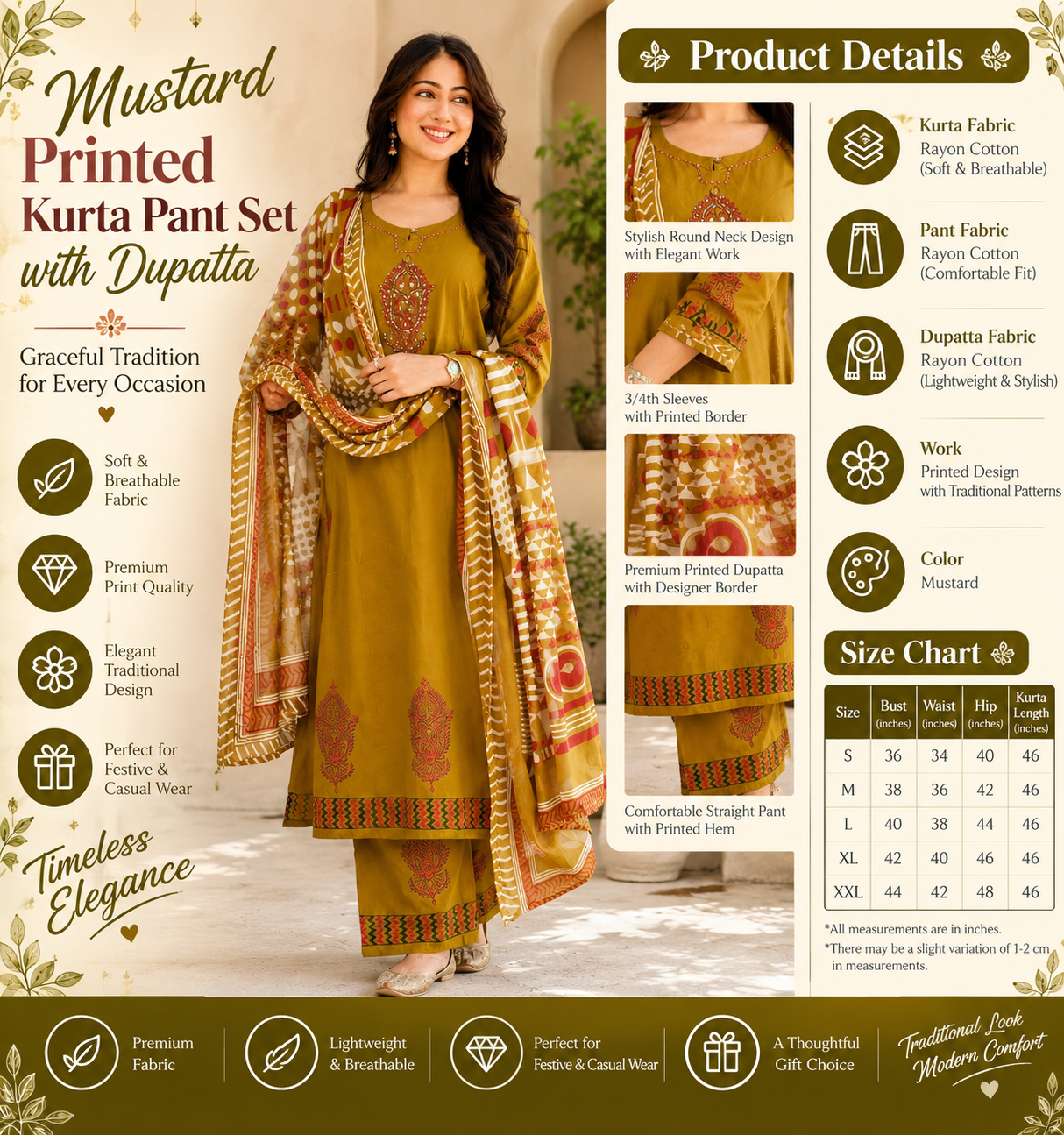 Mustard Printed Kurta Pant Set with Designer Dupatta