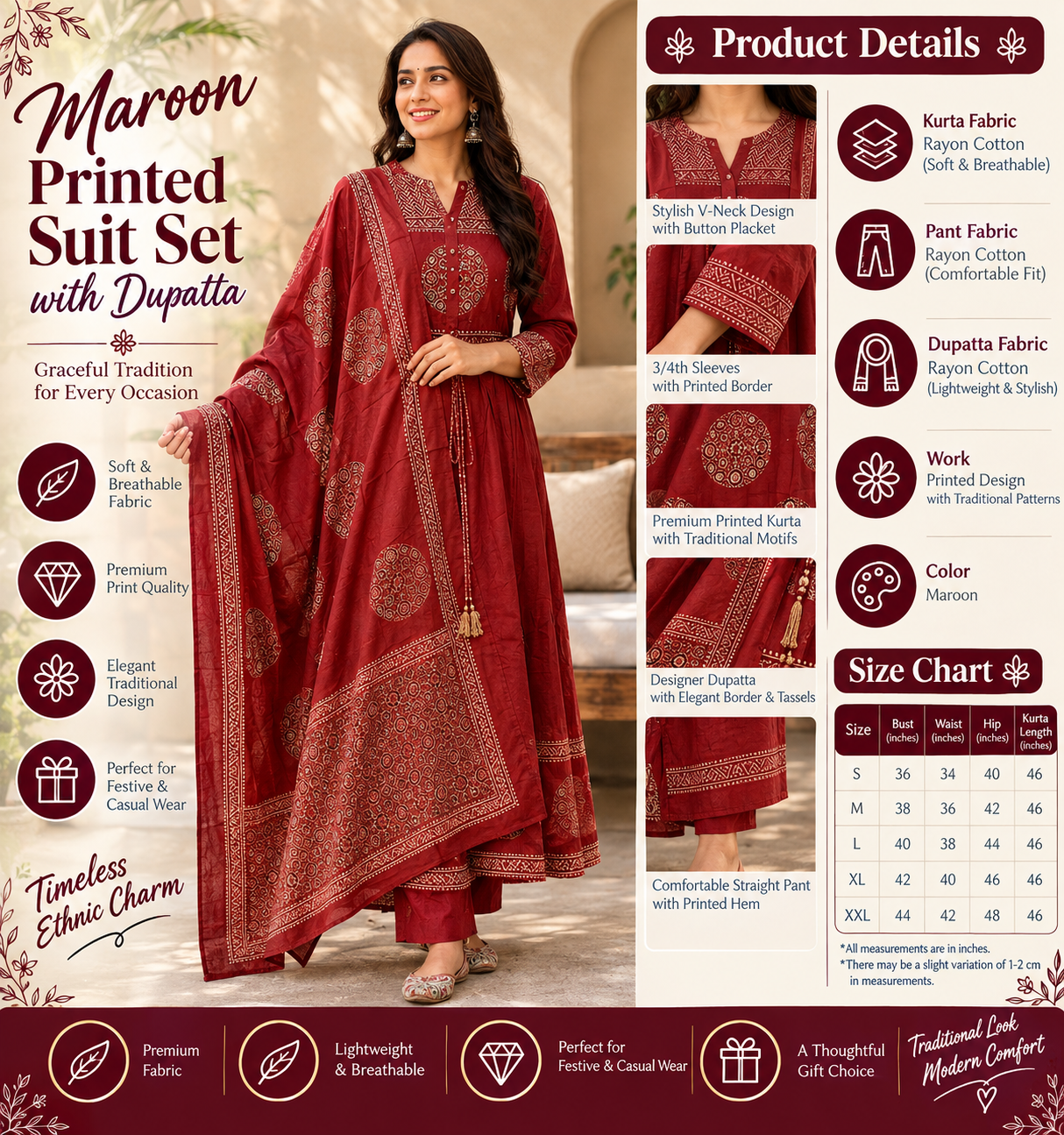 Elegant Maroon Printed Anarkali Suit Set with Dupatta