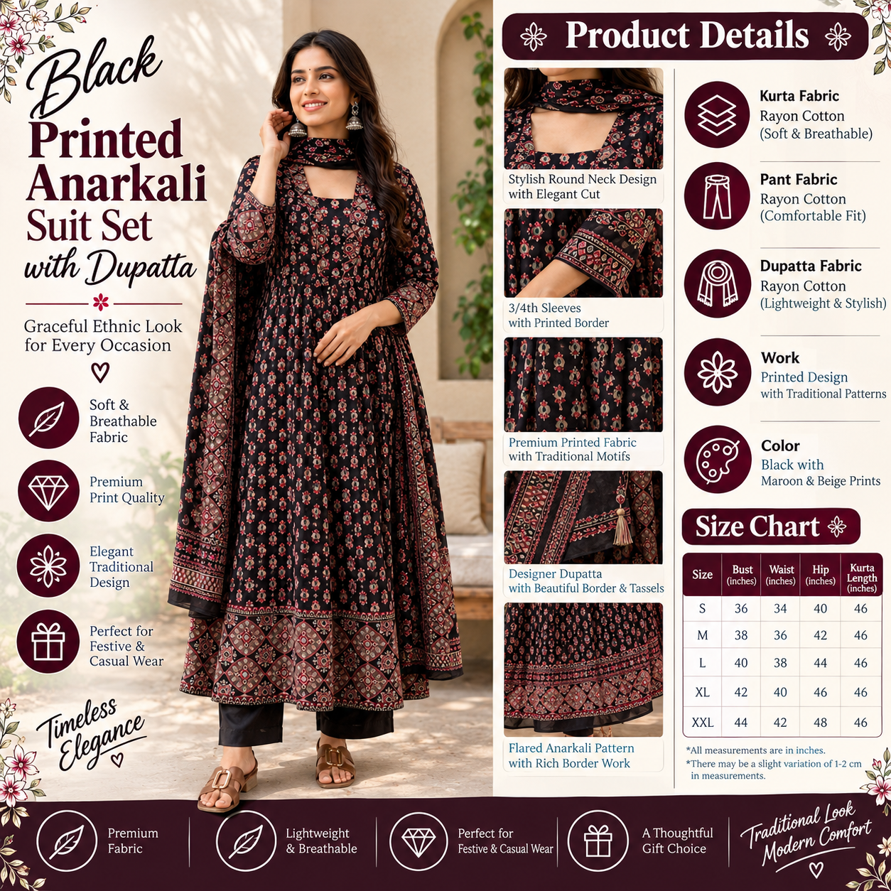 Elegant Black Printed Anarkali Suit Set with Dupatta