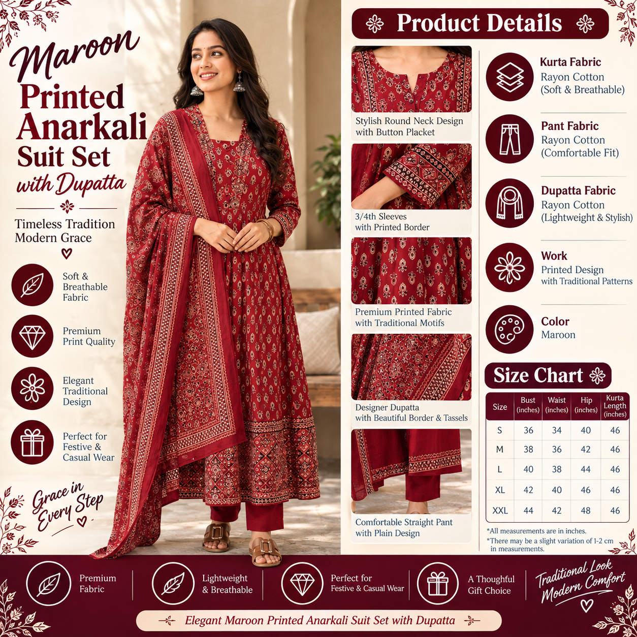 Elegant Maroon Printed Anarkali Suit Set with Dupatta