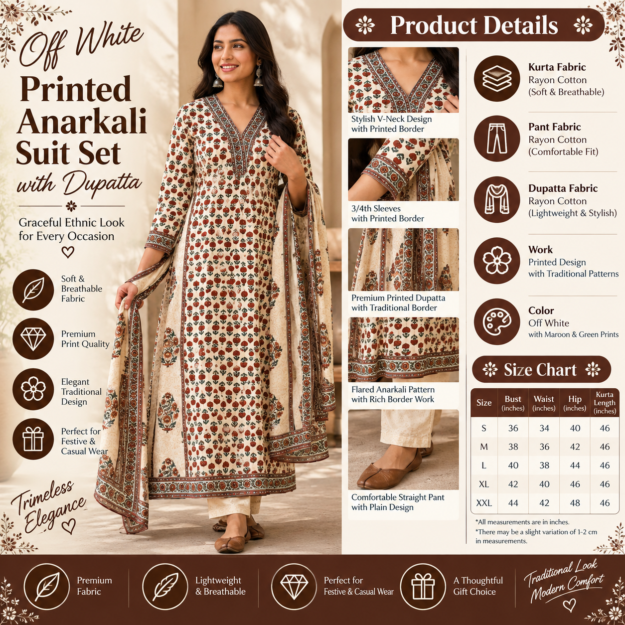 Off-White Printed Anarkali Suit Set with Dupatta