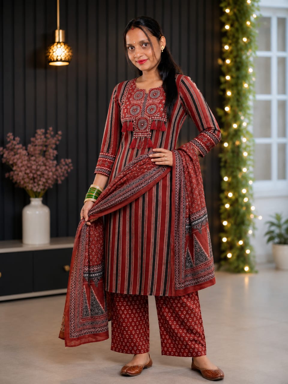 Maroon Printed Kurta Palazzo Set with Designer Dupatta