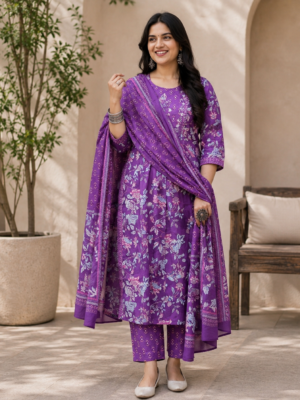 Purple Floral Printed Kurta Pant Set with Dupatta