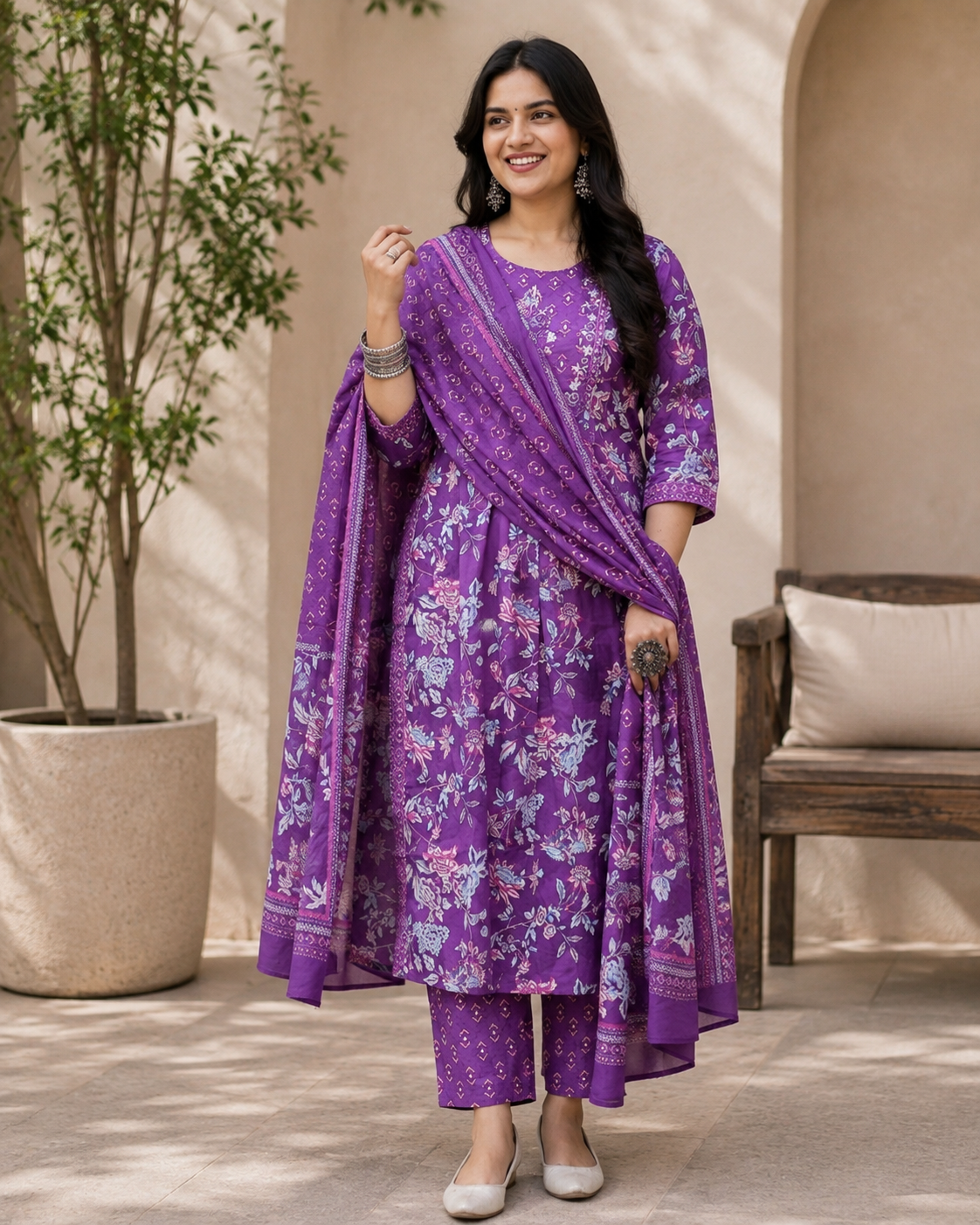 Purple Floral Printed Kurta Pant Set with Dupatta