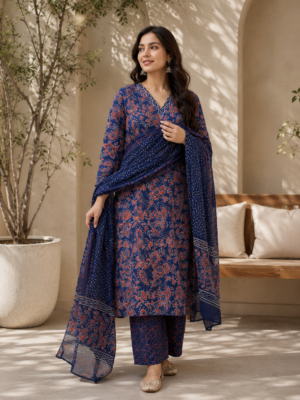 Navy Blue Floral Printed Kurta Pant Set with Dupatta