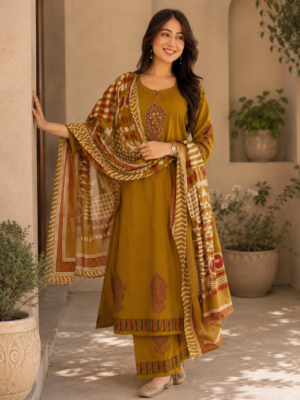 Mustard Printed Kurta Pant Set with Designer Dupatta