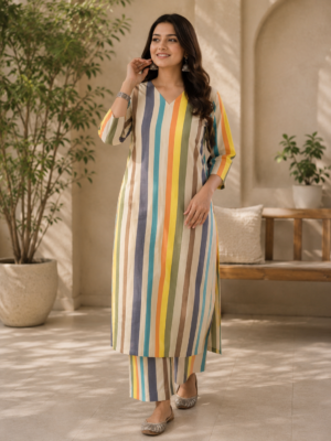 Multicolor Striped Straight Kurta Pant Set