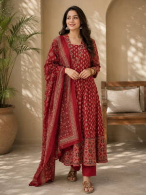 Elegant Maroon Printed Anarkali Suit Set with Dupatta