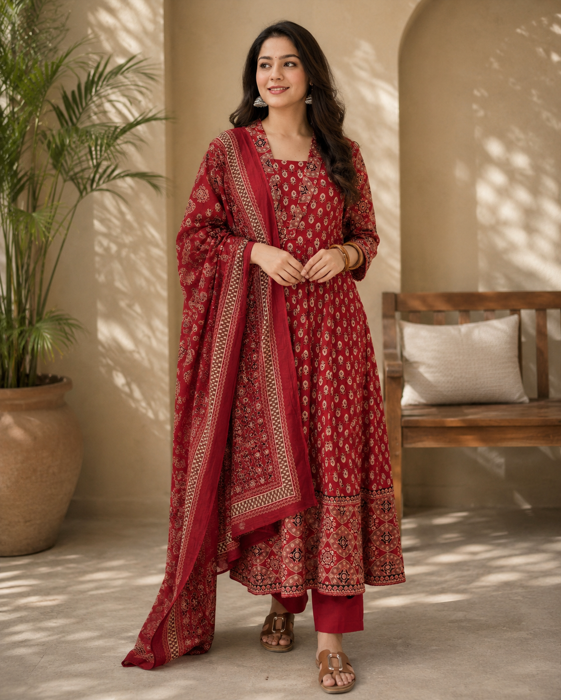 Elegant Maroon Printed Anarkali Suit Set with Dupatta