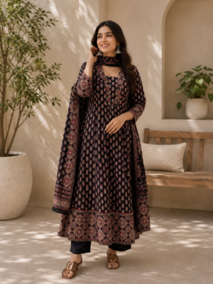 Elegant Black Printed Anarkali Suit Set with Dupatta