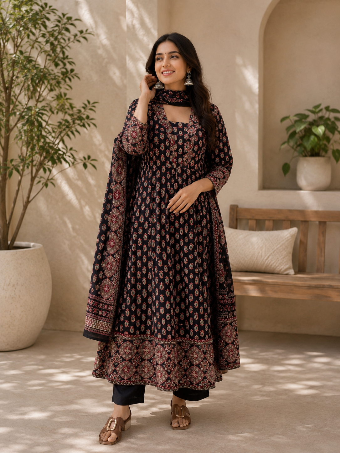 Elegant Black Printed Anarkali Suit Set with Dupatta
