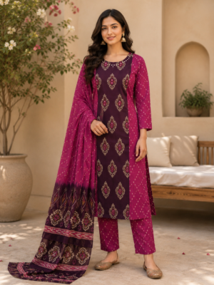 Wine Purple & Rani Pink Printed Kurta Pant Set with Dupatta