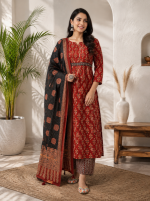 Maroon Printed Kurta Pant Set with Black Printed Dupatta