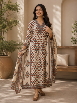 Off-White Printed Anarkali Suit Set with Dupatta