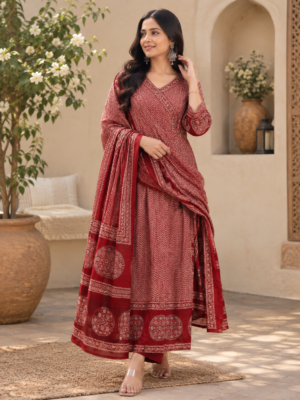 Maroon Printed Anarkali Kurta Set with Dupatta