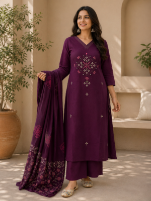Womenβs Wine Embroidered Straight Kurta Set with Printed Dupatta