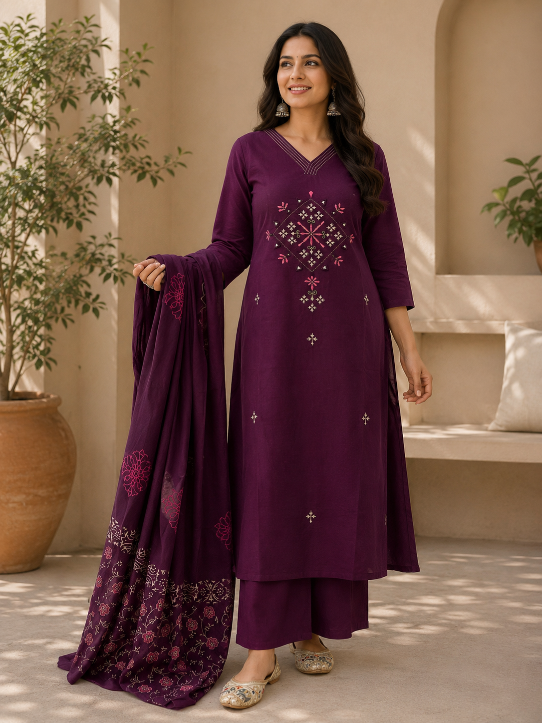 Women’s Wine Embroidered Straight Kurta Set with Printed Dupatta