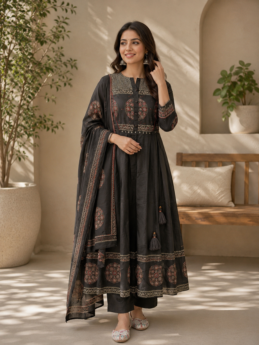 Black Printed Anarkali Kurta Pant Set with Dupatta