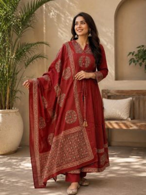 Elegant Maroon Printed Anarkali Suit Set with Dupatta