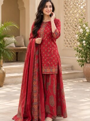 🌸 Women’s Printed Cotton Blend Anarkali Suit Set with Dupatta – Red