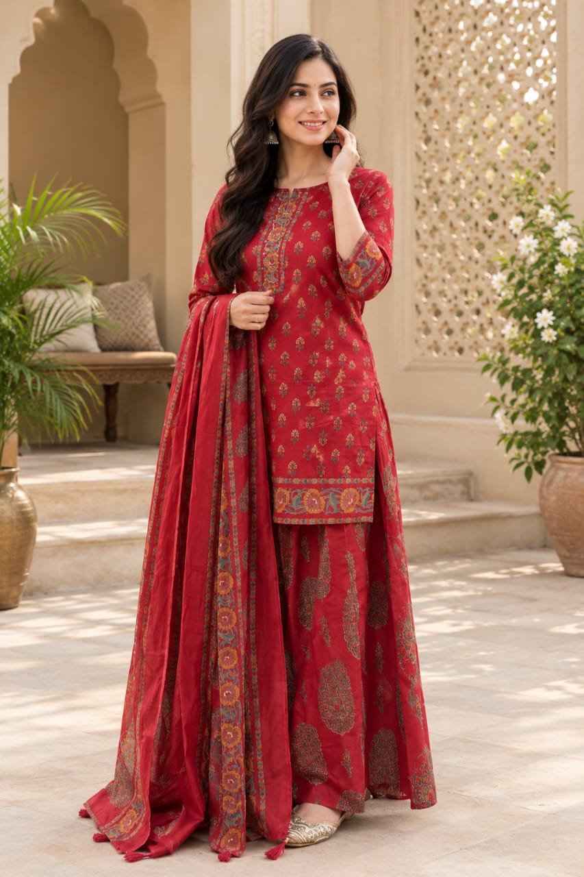 🌸 Women’s Printed Cotton Blend Anarkali Suit Set with Dupatta – Red