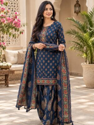 🌸 Navy Blue Floral Printed Kurta Set with Dupatta – 3 Piece Ethnic Wear