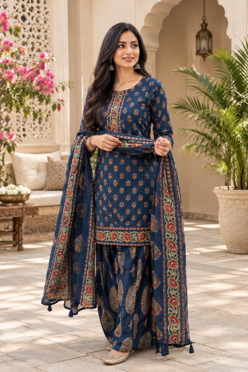 🌸 Navy Blue Floral Printed Kurta Set with Dupatta – 3 Piece Ethnic Wear