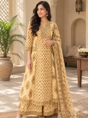 Elegant Beige Floral Printed Kurta Set with Dupatta
