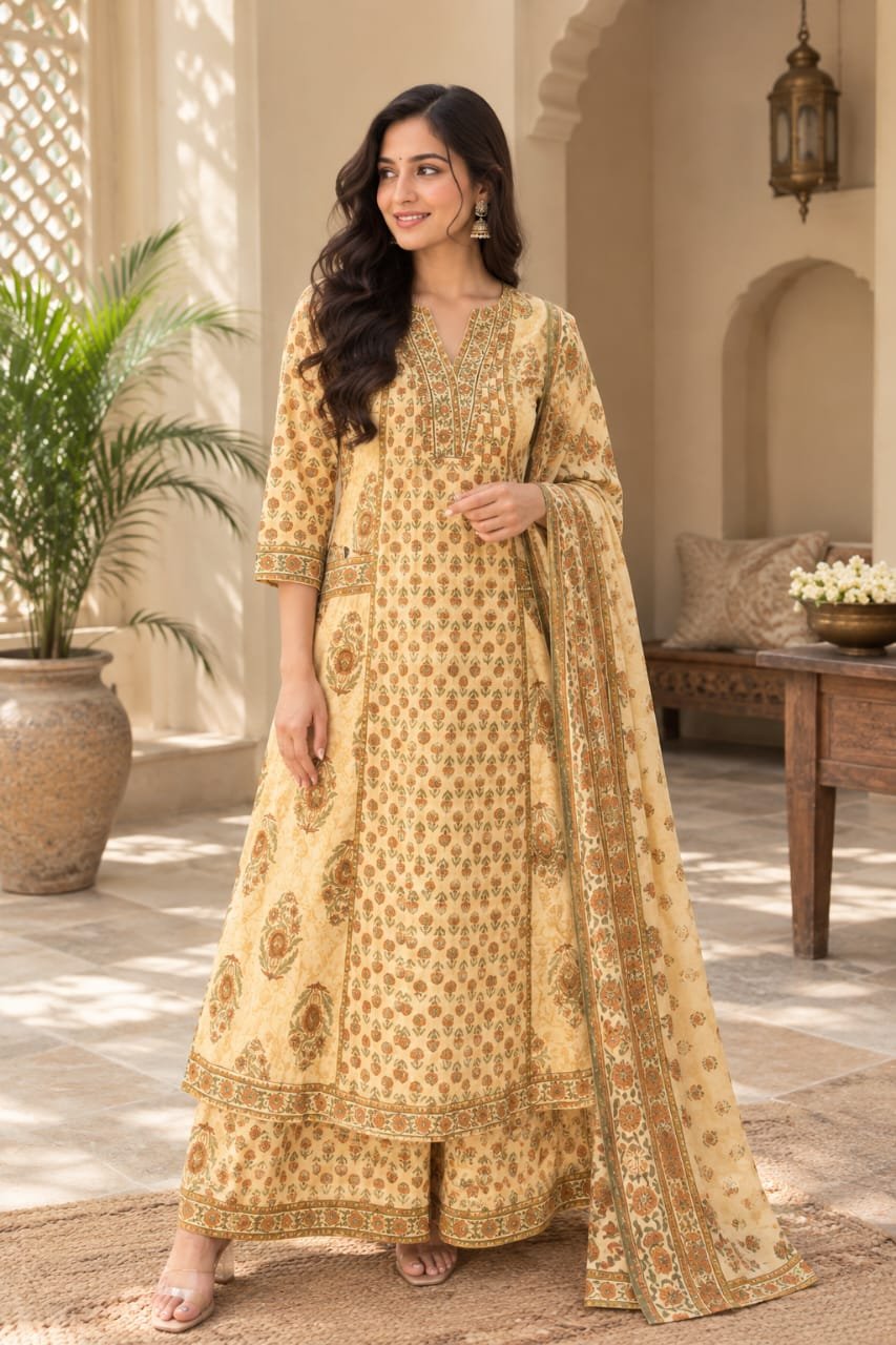 Elegant Beige Floral Printed Kurta Set with Dupatta